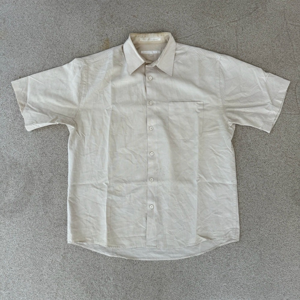 Perry Ellis Micro-Check Mens Medium - Tan Button Down Short Sleeve